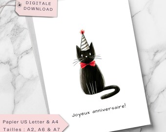 Carte d’anniversaire chat noir, Carte drôle à imprimer, Carte digitale fête chat pour les amoureux des chats, enfants, amis, famille