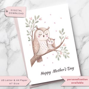 Tarjeta del Día de la Madre con adorables búhos, tarjeta de mamá y bebé búho para hijo o hija, regalo personalizado para el Día de la Madre, descarga digital imprimible.
