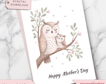 Mother&#39;s Day Card with Cute Owls, Mom and Baby Owl Card from Son or Daughter, Personalized Mother’s Day Gift, Printable Digital Download