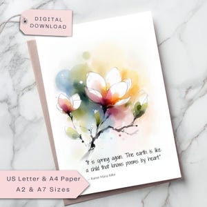 Magnolia-wenskaart, literair lentecitaat, bloemenaquarel, inspirerende lenteverjaardag, bedankt, aanmoediging, digitaal afdrukbaar