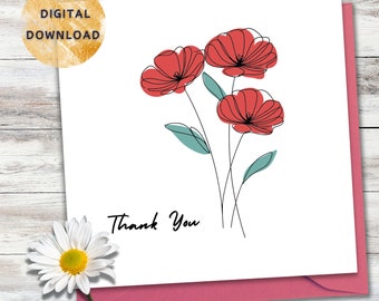Thank You Card - Gratitude, Appreciation Card - Red Flowers Thank You Card - DIY Thank You Card - Digital Printable - Instant Download