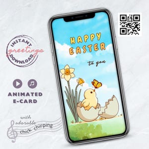 Carte virtuelle de Pâques avec son, éclosion animée de poussins, papillon, jonquilles, effets de gazouillis, carte numérique pour enfants et famille, vidéo personnalisée