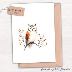 Carte de voeux automne chouette - carte de voeux automne chouette pour anniversaire, merci, jour de Thanksgiving - salutations aquarelle automne chouette - carte imprimable numérique