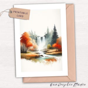 Carte de paysage d'automne - carte de correspondance de cascade d'automne pour un anniversaire, merci, Thanksgiving - aquarelle d'automne - carte imprimable numérique