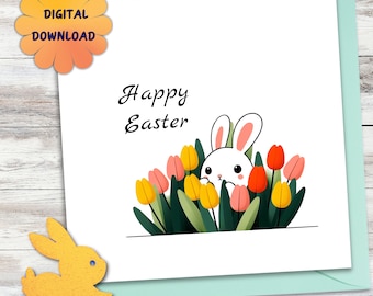 Carte de voeux de lapin de Pâques, carte de lapin de Pâques, Pâques imprimable numérique drôle, carte de lapin de Pâques bricolage, tulipes de lapin mignon, carte de Joyeuses Pâques