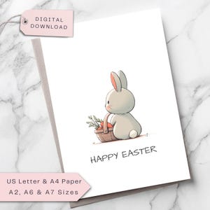 Cute Easter Bunny Card, Funny Bunny with Basket of Carrots, Easter Bunny Illustration Happy Easter Greeting Card, Instant Download Printable