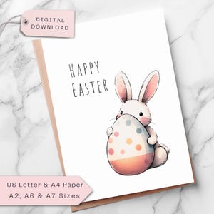 Süße Osterhasen Karte, Aquarell Ostergruß mit Pastell Ei, Lustige Frühlingskaninchen Weihnachtskarte für Freunde und Familie, DIGITAL Printable