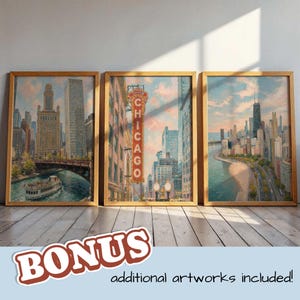 Può includere: Un set di tre stampe artistiche da parete incorniciate raffiguranti paesaggi urbani di Chicago. La stampa a sinistra mostra un battello fluviale, quella centrale un'insegna verticale di un teatro di Chicago e quella a destra lo skyline sul lago.