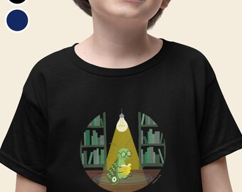 May include: Black t-shirt with a green bug wearing glasses and reading a book in a library setting. The text on the shirt reads "Why go out when you can stay in and read?"