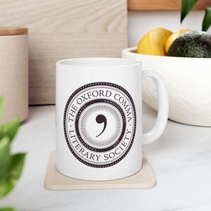 Oxford serial comma mug funny gift for English teacher grammar geek present for writer author book club reader booklover bookworm literature
