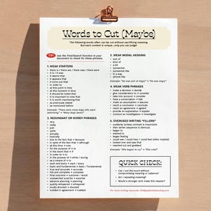 May include: A printed guide titled "Words to Cut (Maybe)" on a cream-colored paper, held by a gold binder clip. The guide lists weak starters, redundant phrases, modal hedging, verb phrases, and overused writing fillers. The text includes a quick check section.