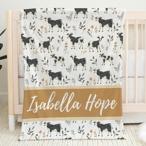 Cow Baby Blanket Swaddle Blanket, Personalized Kids Sherpa Blanket, Farm Crib Bedding, Cottage Core Nursery, Neutral Baby Shower Gift, Farm