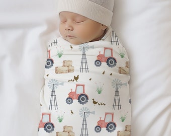 Red Farm Tractor Swaddle Blanket, Sherpa Boy Blanket, Farm Themed Nursery Gift, Red Tractor Kid Name Blanket, Crib Bedding With Farm Animals