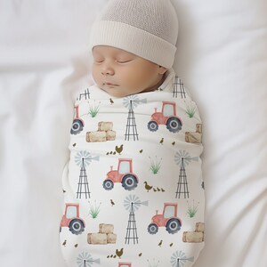 Red Farm Tractor Swaddle Blanket, Sherpa Boy Blanket, Farm Themed Nursery Gift, Red Tractor Kid Name Blanket, Crib Bedding With Farm Animals