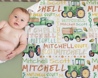 Personalized Tractor Blanket, Farm Baby Blanket, Green Tractor Blanket, Customized Baby Blanket, Boy Farmer Blanket, Farm Nursery Gifts