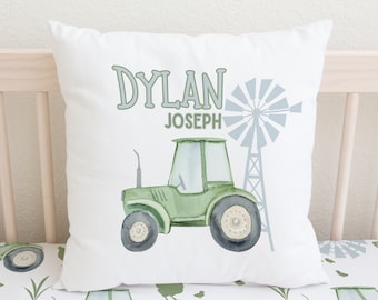 Personalized Green Tractor Kids Pillow, Custom Baby Name Pillow Gift, Farm Crib Bedding Sets, Nursery Bedding With Chickens, Green Bedroom