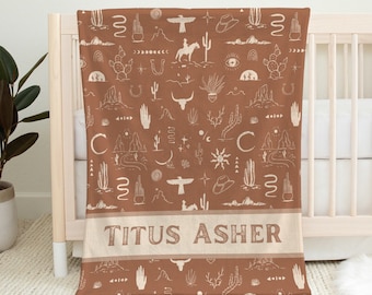 Personalized Cowboy Baby Blanket, Sherpa Western Blanket, Southwestern Baby Swaddle, New Mom Gifts, Cowboy Baby Gift, Cactus Crib Bedding