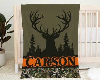 Boys Hunting Minky Blanket, Personalized Mule Deer Blanket, Camo Baby Boy Swaddle, Hunter Nursery Theme, Baby Boy Shower Gift, Big Game Hunt