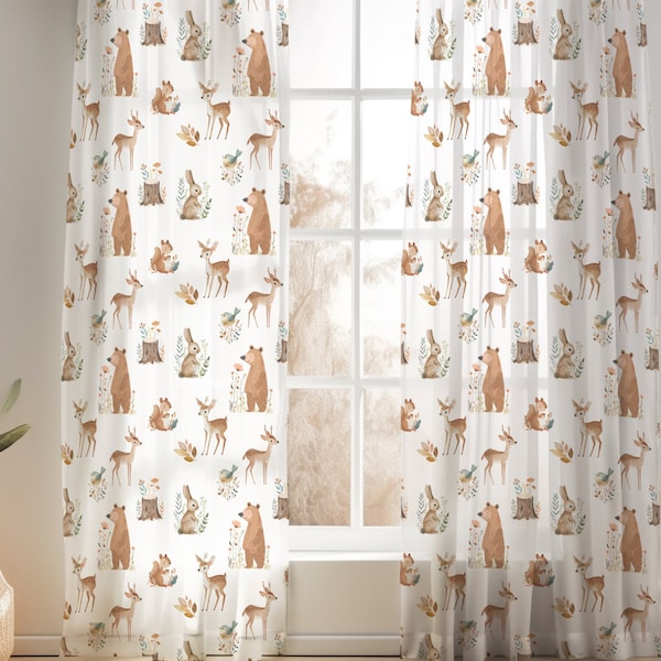 Gender Neutral Nursery Curtains, Woodland Friends Sheer Drape, Watercolor Animals Baby Boy Room Decor, Forest Crib Bedding Set, New Mom Gift