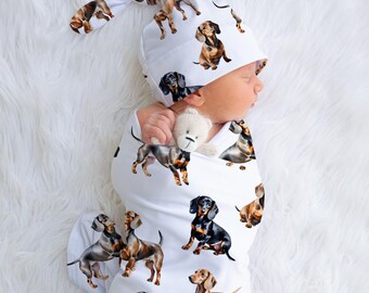 Dachshund Baby Swaddle Blanket, Baby Boy Gift, Dog Nursery, Baby Gown With Weiner Dogs, Gender Neutral, Knotted Hat and Swaddle Sets