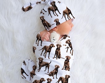Chocolate Lab Baby Swaddle Blanket, Chocolate Labrador Baby Gown, Gender Neutral Baby Gift, Hospital Photo, Coming Home Outfit, Bird Dog