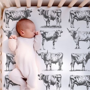 Boy Western Crib Bedding, Crib Sheet With Cows, Cattle Breeds, Vintage Cowboy, Western Cowboy Nursery Theme, Baby Boy Shower Gifts, Longhorn