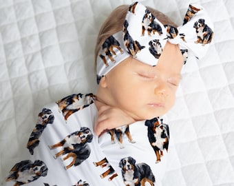 Bernese Mountain Dog Baby Swaddle Blanket, Baby Gift, Dog Nursery, Bernese Mountain Dog Gown For Baby, Gender Neutral, Hospital Photo Outfit