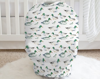 MALLARD DUCK Baby Car Seat Cover, Water Color Duck Baby Bedding Sets, Duck Hunter Baby Nursery Decor, Stretchy Baby Seat Canopy For Boys