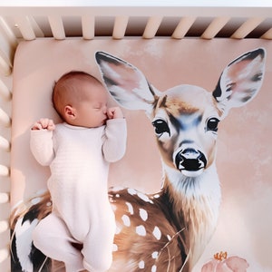 Baby Deer Crib Sheet, Custom Kids Sheets, Deer Themed Nursery, Baby Girl Shower Gift, Customized Toddler Sheets, Girl Crib Bedding, Woodland