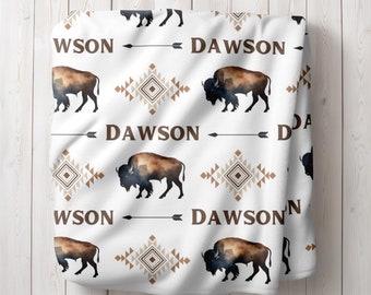 Boys Western Minky Blanket, Personalized Buffalo Blanket, Cowboy Baby Swaddle, Desert Nursery Theme, Baby Boy Shower Gift, Bison Blanket