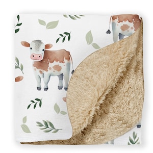 PERSONALIZED Cow Gender Neutral Blanket, Custom Name Green Sherpa Blanket, Farm Crib Bedding Sets, Mid West Themed Nursery Decor Milk Cows