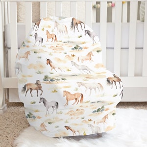 Baby Car Seat Cover With Wild Horses, Gender Neutral Baby Gifts, Neutral Nursing Covers, Western Cowboy Nursery Sets, Water Color Horses