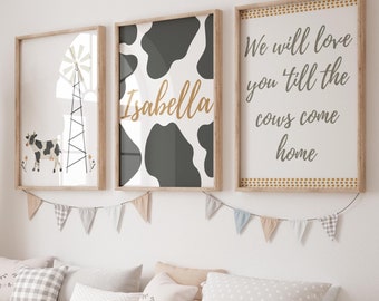 Farm Cow Nursery Wall Art, We Will Love You ‘Till The Cows Come Home, Personalized Girls Bedroom Prints, Kids Playroom Decor, Baby Girl Gift