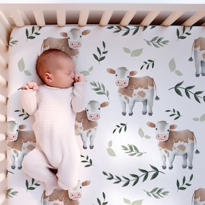 FARM Gender Neutral Baby Crib Sheet Matching Set, Crib Bedding With Guernsey Milk Cows and Leaves, Farm Themed Nursery Gifts For Newborn