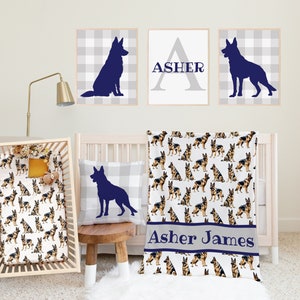 Boy Nursery Bedding, German Shepherd Crib Sheet, Baby Boy Shower Gift, German Shepherd Baby Blanket, Dog Pillow, Puppy Nursery Wall Decor