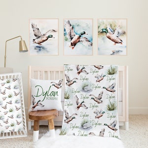 Mallard Duck Nursery Bedding, Bird Hunting Crib Sheet, Mallard Bedroom Art, Baby Boy Shower Gift, Kid Name Duck Pillow, Duck Hunter Blanket
