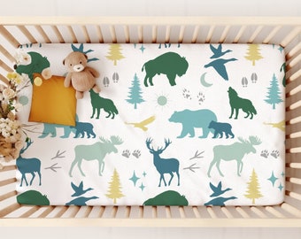 Boy Woodland Fitted Crib Sheet, Colorful Wild Animal Baby Crib Bedding, Woodland Nursery Matching Sets, Baby Boy Shower Gift, New Mom Gifts