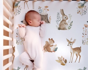 Woodland Friends Gender Neutral Fitted Crib Sheet, Forest Animal Baby Nursery Bedding, Custom Baby Shower Matching Wildlife Gift Set Neutral