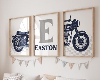 Classic Motorcycle Boys Bedroom Prints, Motorcycle Nursery Wall Decor, Set of Three Prints, Above Crib Wall Art, Personalized Nursery Decor