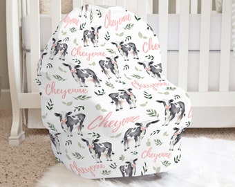 PERSONALIZED Cow Baby Car Seat Cover, Baby Girl Cow Themed Nursery, Pink Nursing Cover With Personalization, New Mom Gifts, Farm Crib Sets