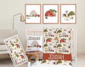 Farm Nursery Bedding, Red Tractor Crib Sheet, Kids Name Barn Blanket, Personalized Farm Bedroom Decor, Tractor Changing Pad Cover, Baby Boy
