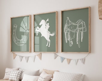 Western Nursery Decor, Horse Bedroom Wall Art, Cowboy Wall Decor, Rodeo Nursery Theme, Set of Three Prints, Above Crib Art, Baby Boy Gifts