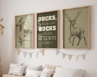 Boys Hunting Bedroom Decor, Above Crib Art, Set of Three Prints, Mule Deer Wall Art, Mallard Duck Prints, Duck Hunting Nursery, Gift For Boy
