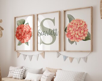 Hydrangea Nursery Wall Decor, Baby Girl Nursery Wall Art, Gifts For Baby Girl Shower, Above Crib Decor, Set of 3 Prints, Girls Bedroom Decor