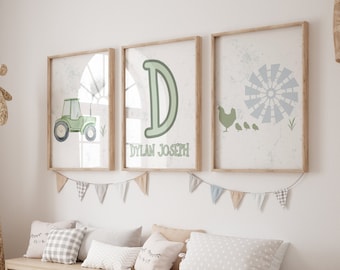 Tractor Nursery Wall Decor, Farm Nursery Posters, Set Of Three Prints, Green Tractor Bedroom Sets, Baby Boy Shower Gifts, Farm Bedroom Theme