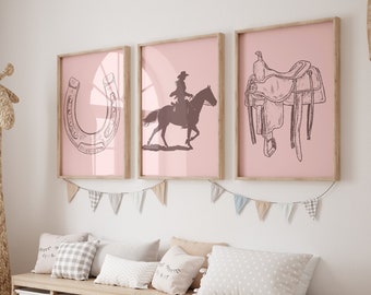 Cowgirl Bedroom Wall Art, Western Girl Nursery Decor, Set Of Three Prints, Above Crib Decor, Baby Girl Shower Gift, Rustic Pink Nursery Art