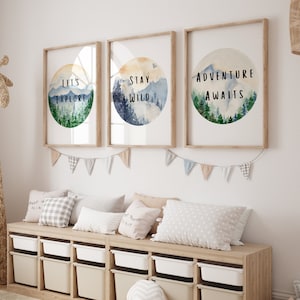 Láminas de montaña para guardería, decoración de guardería con temática de bosque, decoración de guardería con pinos, arte de pared para habitación de niños, guardería con temática de aventuras, decoración de dormitorio con temática de bosque