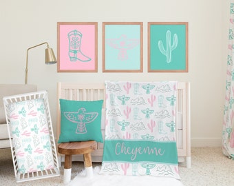 Linge de lit pour chambre d'enfant cactus, drap turquoise pour lit de bébé, couverture cactus pour enfant, décoration de chambre à coucher cow-girl, housse de matelas à langer western, cadeaux pour bébé fille