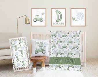 Boy Crib Bedding Sets, Gifts For Baby Boy Shower, Farm Nursery Decor, Tractor Crib Sheet, Personalized Baby Blankets, Green Tractor Nursery