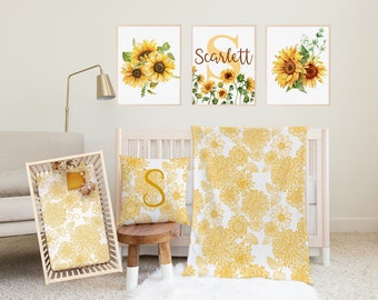 Parure de lit tournesol, draps pour lit de bébé tournesol, cadeau bébé fille, décoration bébé personnalisée, noms d'enfant imprimés muraux, chambre de bébé cottage